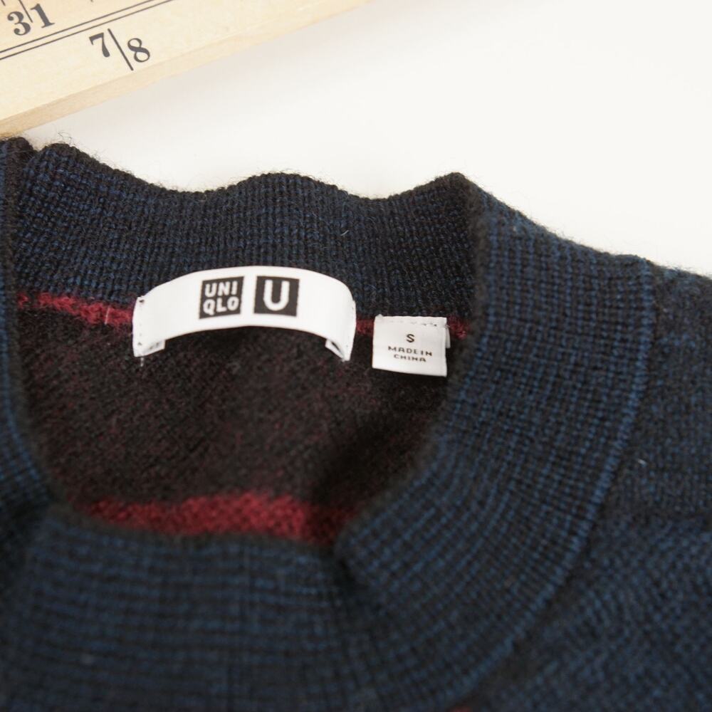 Uniqlo U Crew Neck Check 100% Wool Pullover Red Blue Sweater Mens Sz S - Picture 6 of 7